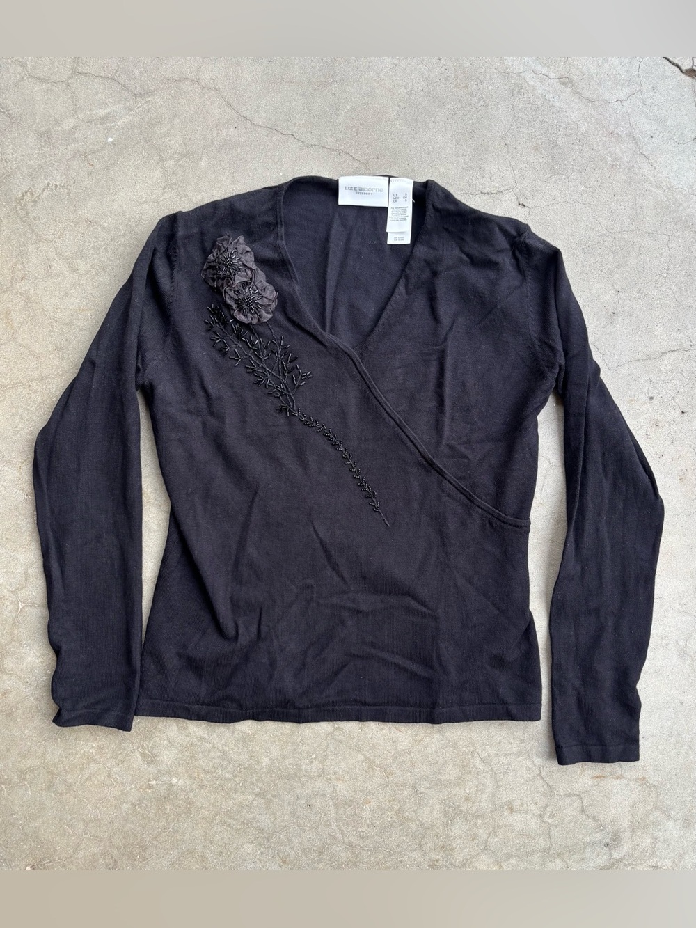VTG Liz Claiborne Beaded Floral Faux Wrap Sweater Black S
